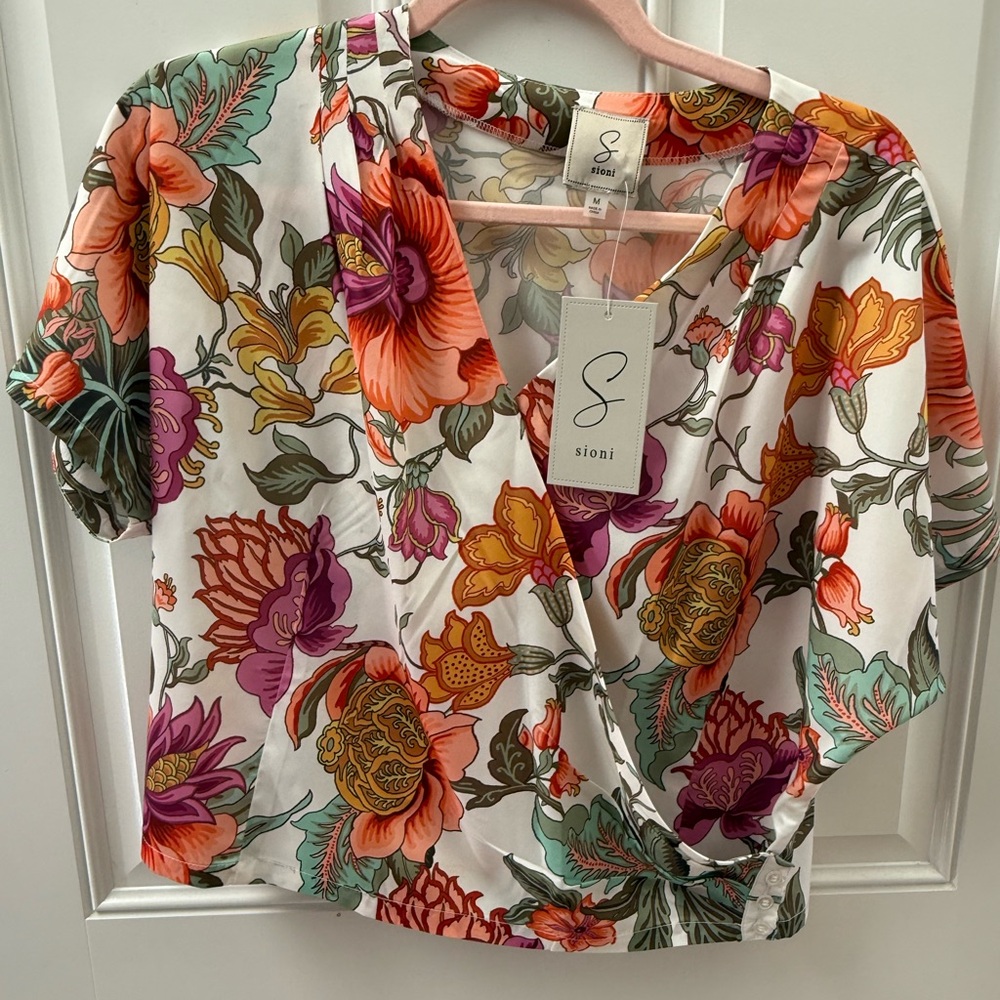 Sioni Vibrant Floral Blouse - White, Orange, Purple